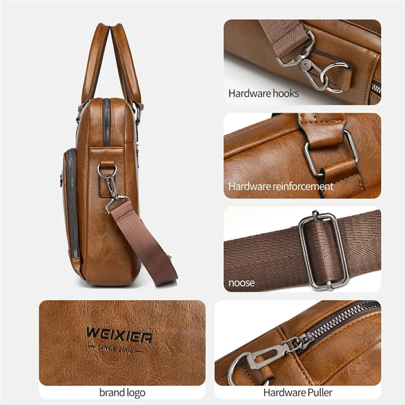 WEIXIER T663 15.6 Inch Laptop Bag Horizontal Crossbody Bag PU Leather Business Briefcase for Men - Light Brown
