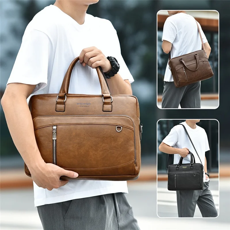 WEIXIER T663 15.6 Inch Laptop Bag Horizontal Crossbody Bag PU Leather Business Briefcase for Men - Light Brown
