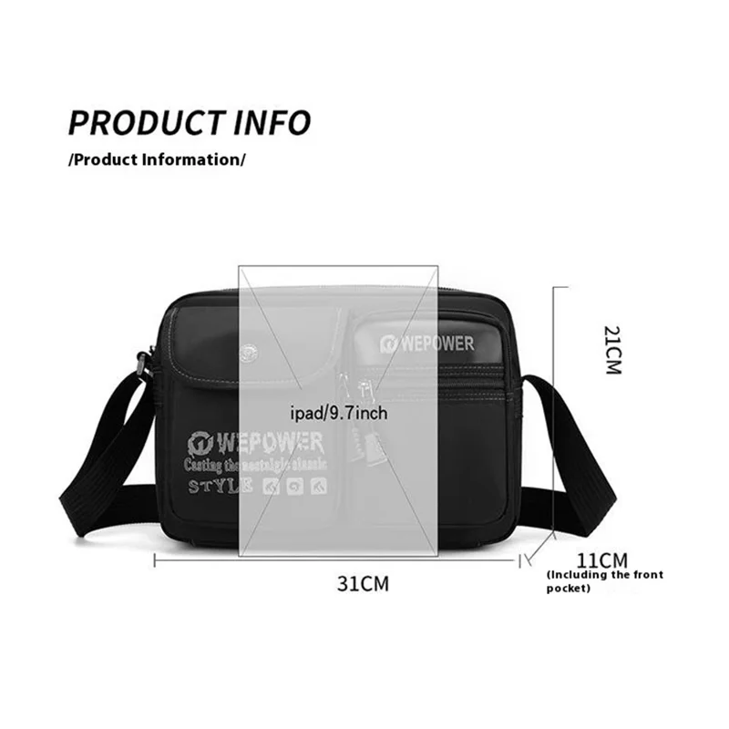 WEPOWER 3107 Letters Pattern Square Crossbody Bag Waterproof Nylon Single Shoulder Bag for Men - Black
