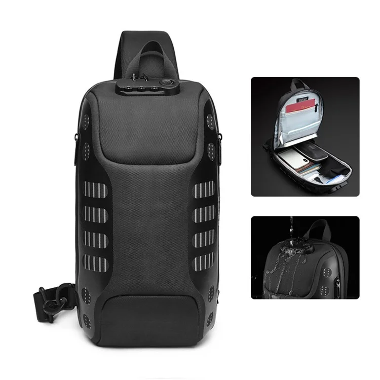 Ozuko 9339 Hombres Anti-Robo Empresa Impermeable Bolsa De Pecho USB Carga De Una Sola Bolsa De Hombro Daypack Con Bloqueo De Contraseña - Negro