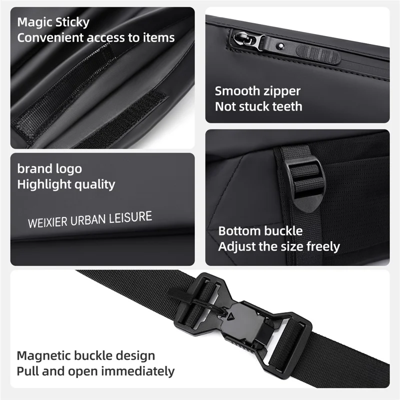 WEIXIER D897 Stylish Men Chest Bag PU Leather Waterproof Crossbody Bag for Daily Travel - Black