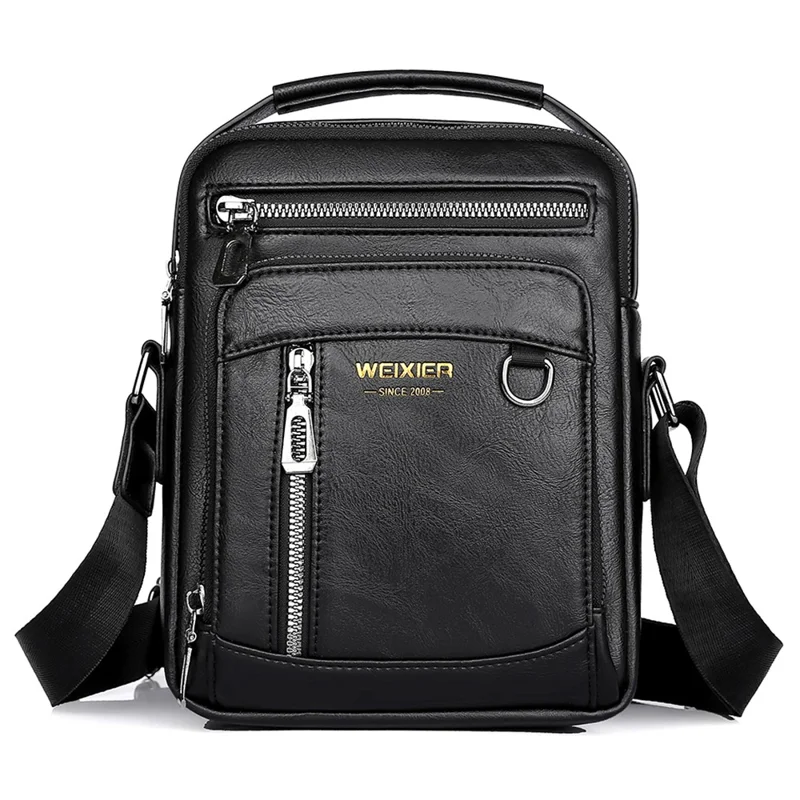 WEIXIER D844 Leather Messenger Bag Sling Crossbody Shoulder Pouch for Men Travel Work - Black