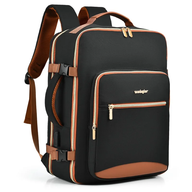 WEIXIER B737 Oxford Fabric Travel Backpack with External USB Port 180 Degree Opening Laptop Daypack - Black