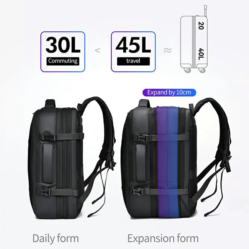 WEIXIER B703 Sac à dos extensible imperméable pour hommes, sac pour ordinateur portable de voyage, sac à dos d'affaires d'extérieur - Noir