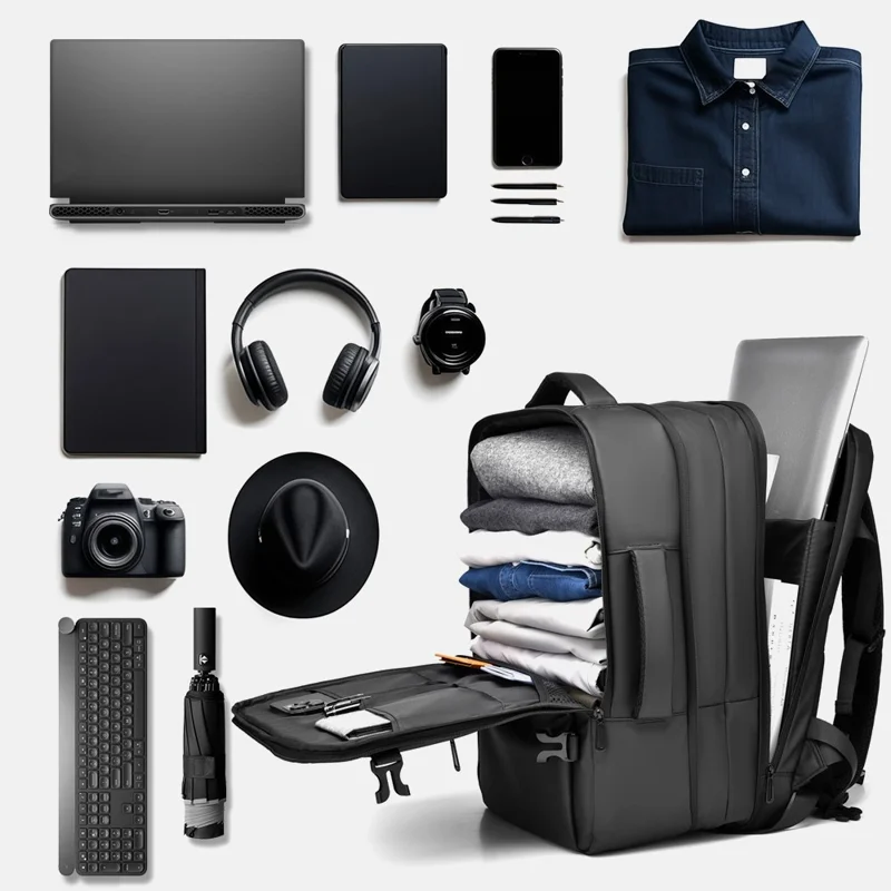 B756 Waterproof Men Business Laptop Backpack Expandable Travel Daypack for 15.6 Inch Notebook - Black