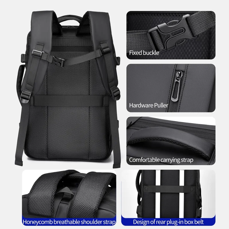 B756 Waterproof Men Business Laptop Backpack Expandable Travel Daypack for 15.6 Inch Notebook - Black