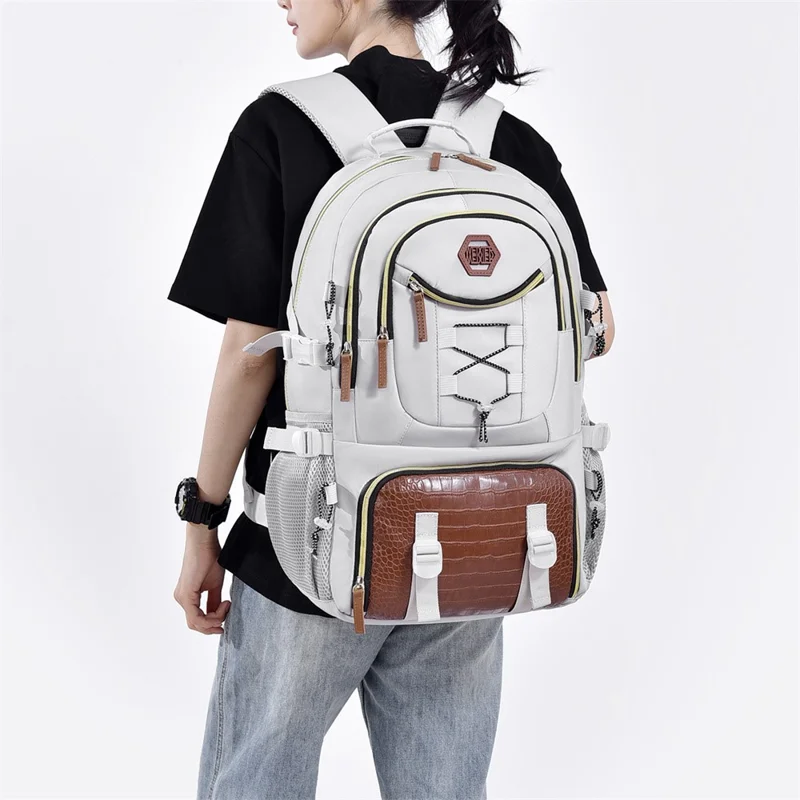 WEIXIER B713 Crocodile Texture Patchwork Women Backpack Large Capacity Rucksack for Travel Hiking - White