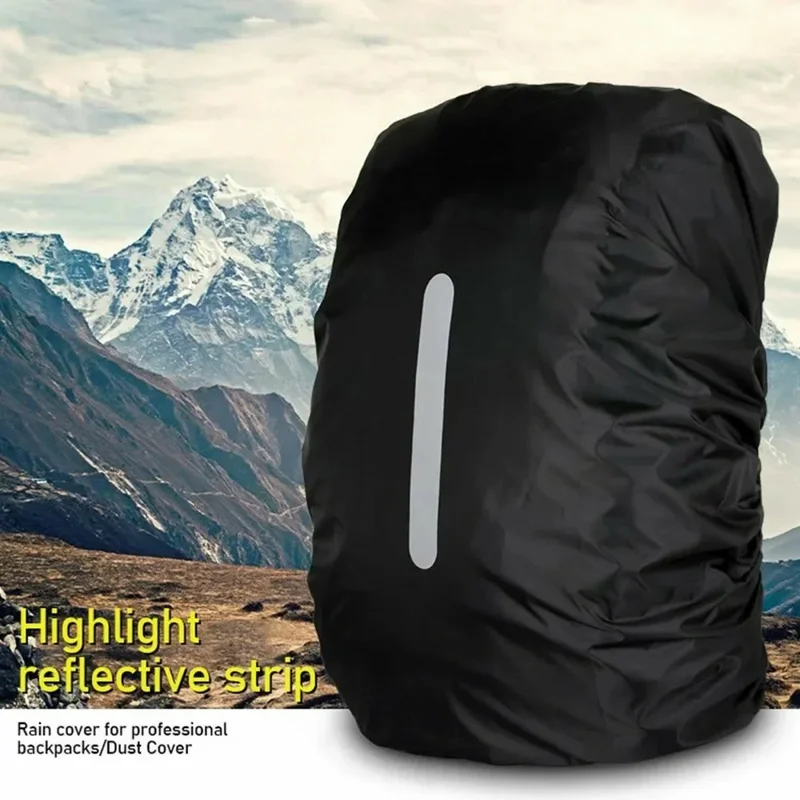 190T Polyester Taffeta Outdoor Backpack Rain Cover Waterproof Reflective Bag Protector, L for 55-65L - Black