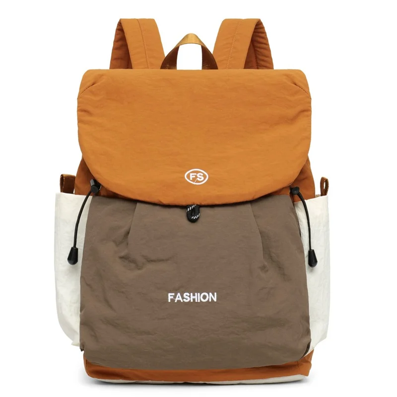 Color Block Casual Daypack Large Capacity Lightweight Canvas Travel Backpack for Work School Outdoor - Orange+Khaki