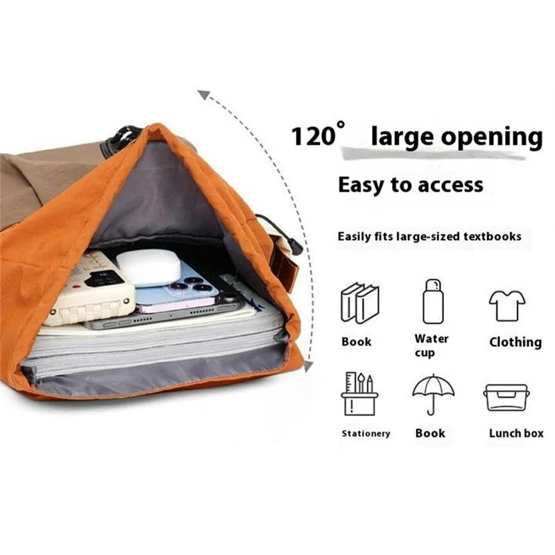Color Block Casual Daypack Large Capacity Lightweight Canvas Travel Backpack for Work School Outdoor - Orange+Khaki