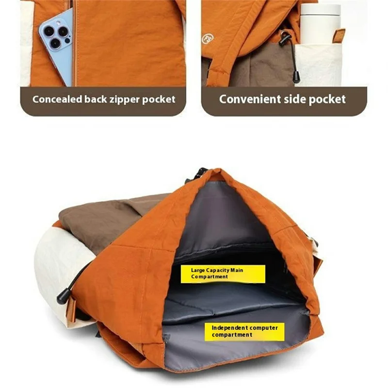 Color Block Casual Daypack Large Capacity Lightweight Canvas Travel Backpack for Work School Outdoor - Orange+Khaki