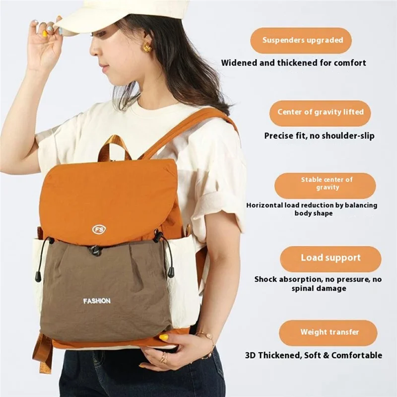 Color Block Casual Daypack Large Capacity Lightweight Canvas Travel Backpack for Work School Outdoor - Orange+Khaki