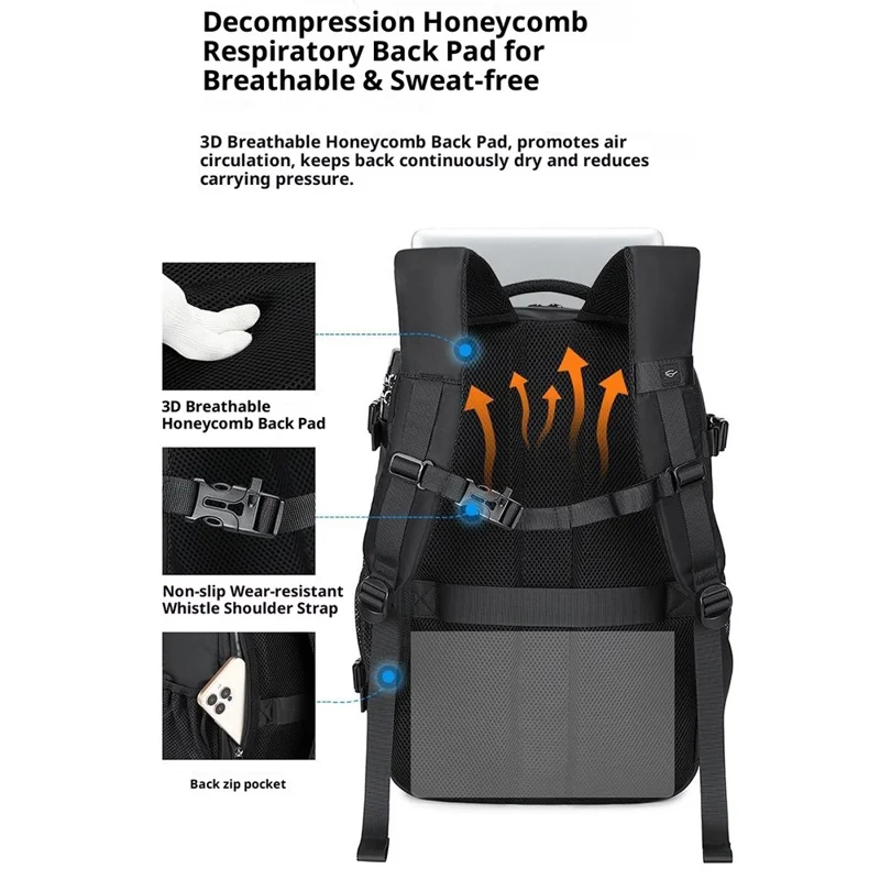 Mochila para portátil POSO PS-679 con bolsa de compresión sellada al vacío, candado con contraseña, bolso bandolera de viaje expandible - Negro