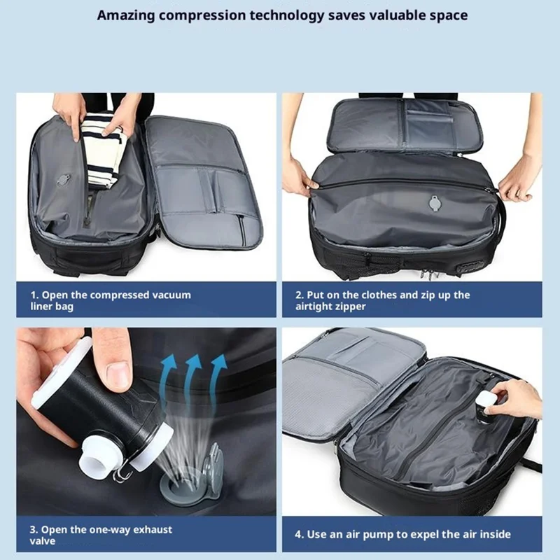 Mochila para portátil POSO PS-679 con bolsa de compresión sellada al vacío, candado con contraseña, bolso bandolera de viaje expandible - Negro