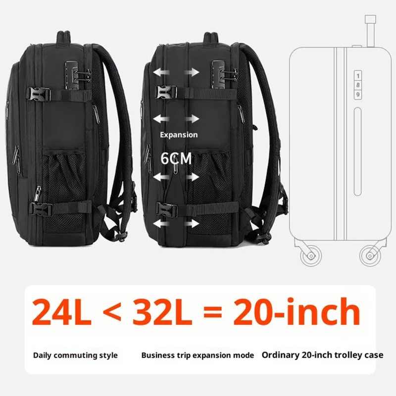 Mochila para portátil POSO PS-679 con bolsa de compresión sellada al vacío, candado con contraseña, bolso bandolera de viaje expandible - Negro