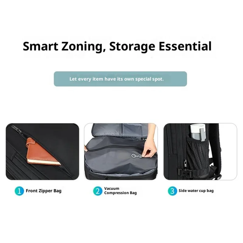 Mochila para portátil POSO PS-679 con bolsa de compresión sellada al vacío, candado con contraseña, bolso bandolera de viaje expandible - Negro