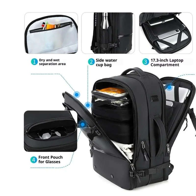 POSO PS-678 4 in 1 Expandable Laptop Backpack and Small Storage Bags Set Travel Dual Shoulder Bag with Air Pump - Black