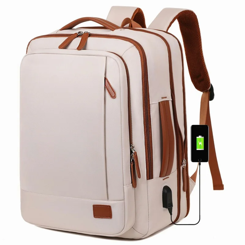 Expandable Backpack Waterproof Oxford Fabric Travel Business Laptop Bag with External USB Port - Beige