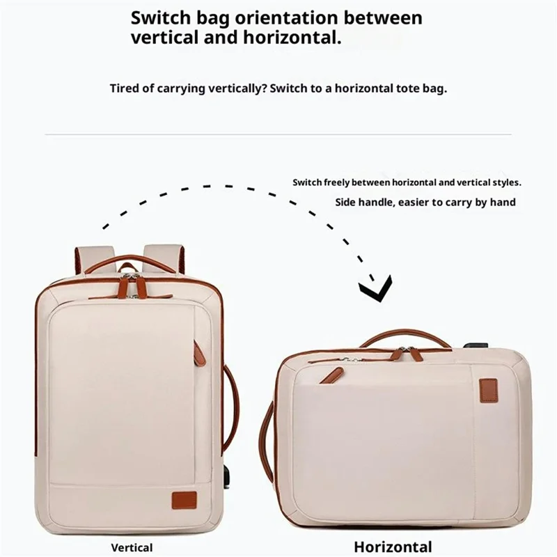 Expandable Backpack Waterproof Oxford Fabric Travel Business Laptop Bag with External USB Port - Beige