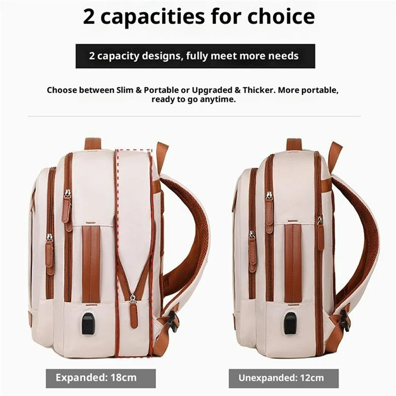 Expandable Backpack Waterproof Oxford Fabric Travel Business Laptop Bag with External USB Port - Beige