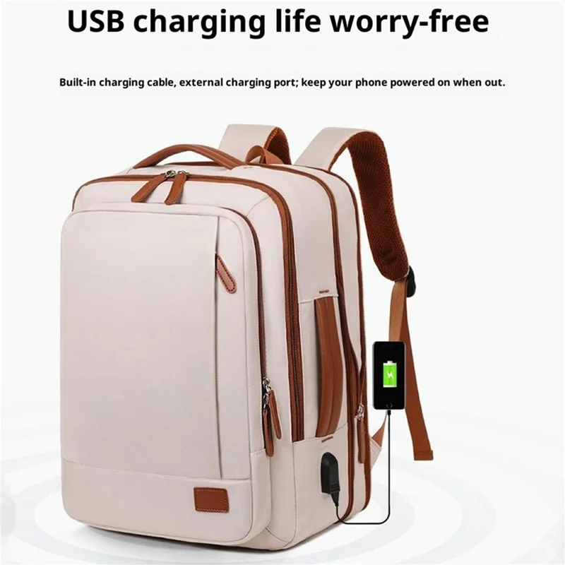 Expandable Backpack Waterproof Oxford Fabric Travel Business Laptop Bag with External USB Port - Beige