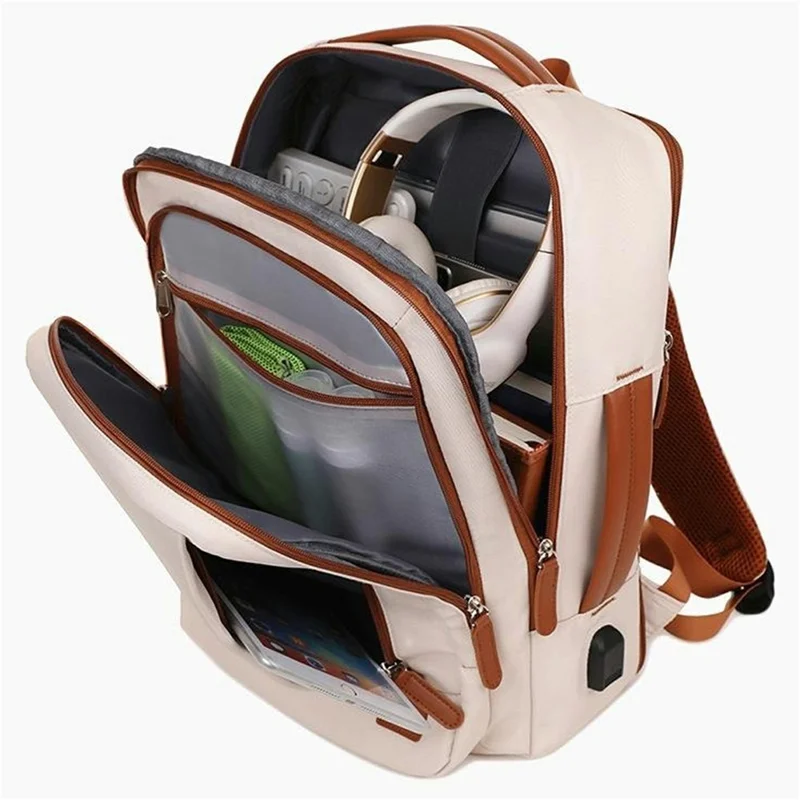 Expandable Backpack Waterproof Oxford Fabric Travel Business Laptop Bag with External USB Port - Beige