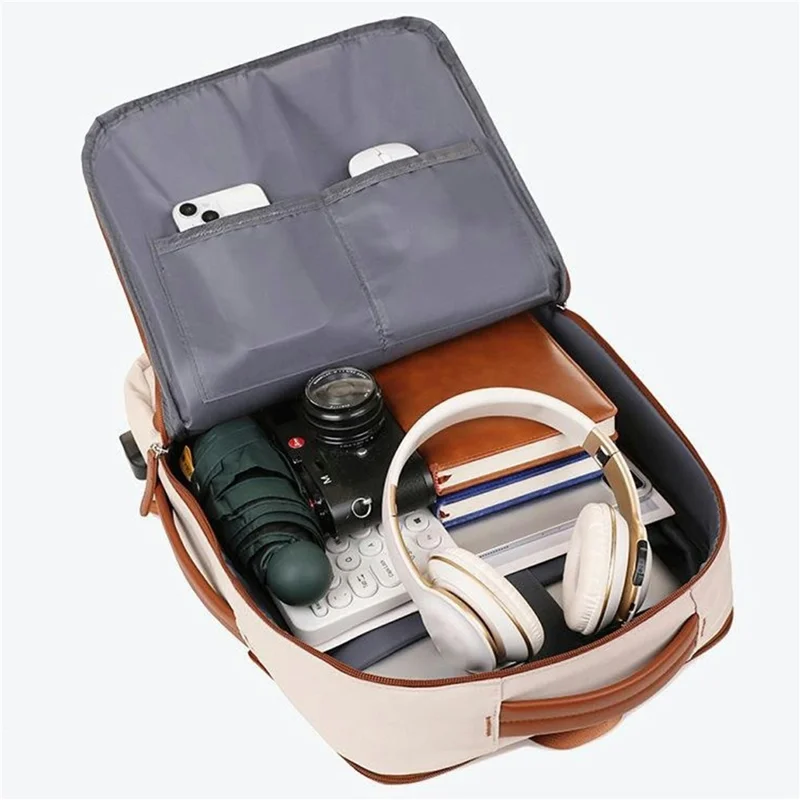 Expandable Backpack Waterproof Oxford Fabric Travel Business Laptop Bag with External USB Port - Beige