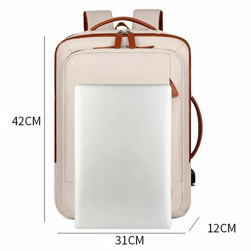 Expandable Backpack Waterproof Oxford Fabric Travel Business Laptop Bag with External USB Port - Beige