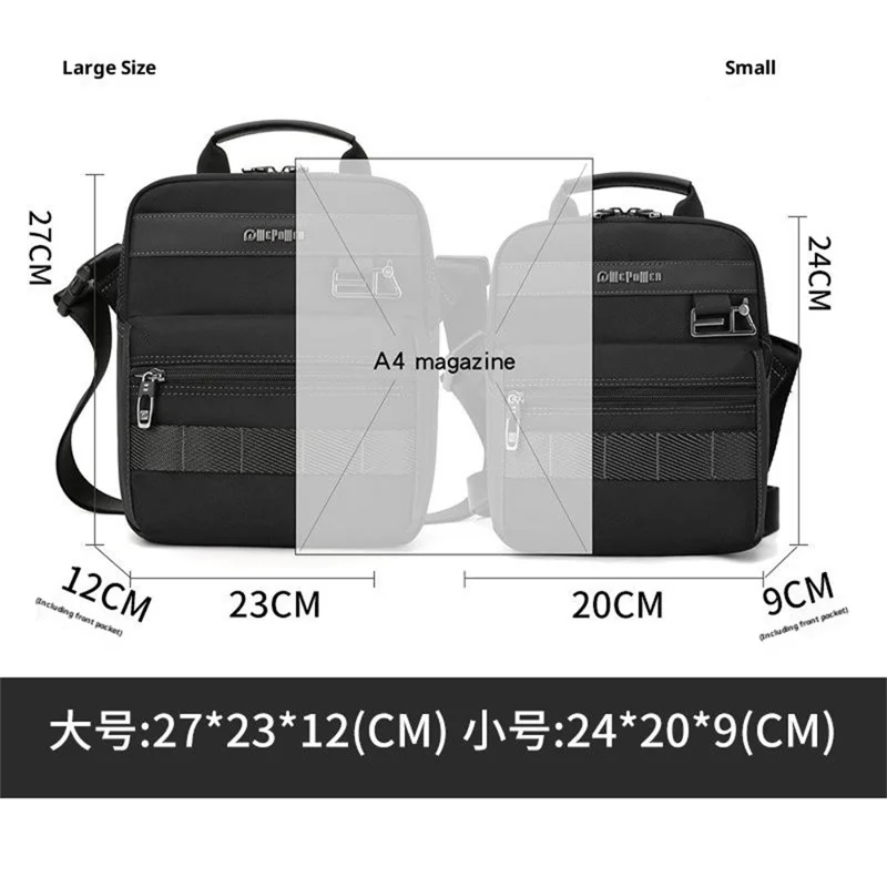 WEPOWER 9306 Size S Square Crossbody Bag for Men Waterproof Nylon Travel Shoulder Pack with Tote Handle - Black