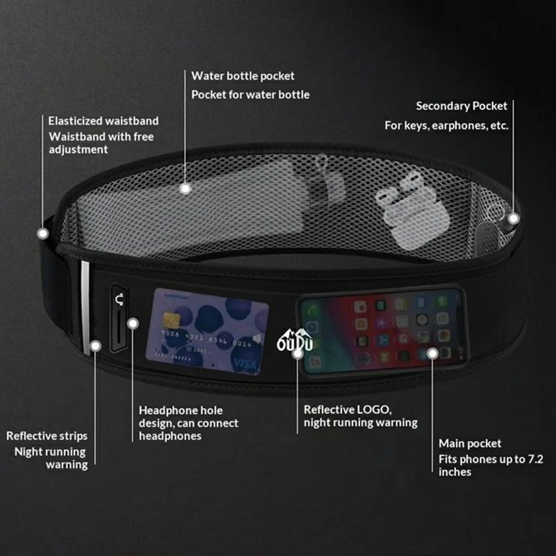 OUDO حزام ركض رفيع وقابل للتنفس، حزمة خصر غير مرئية مقاومة للماء بدون غلاية - للخصر 60 سم - 85 سم / أسود