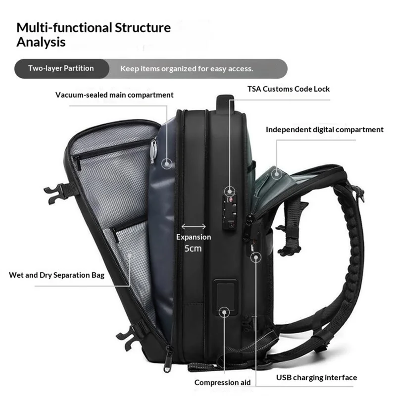 7708 Large Capacity Travel Backpack Built-in Vacuum Compressor Waterproof Business Bag with TSA Lock - Black