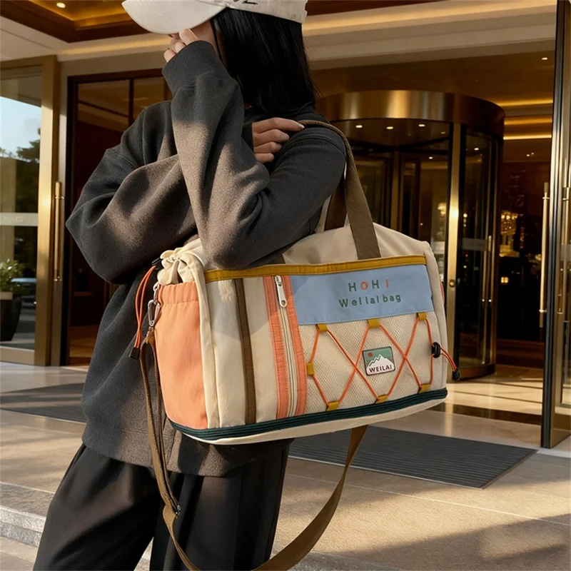 Large Capacity Gym Bag Expandable Handbag Dry Wet Separation Travel Duffel with Shoulder Strap - Brown