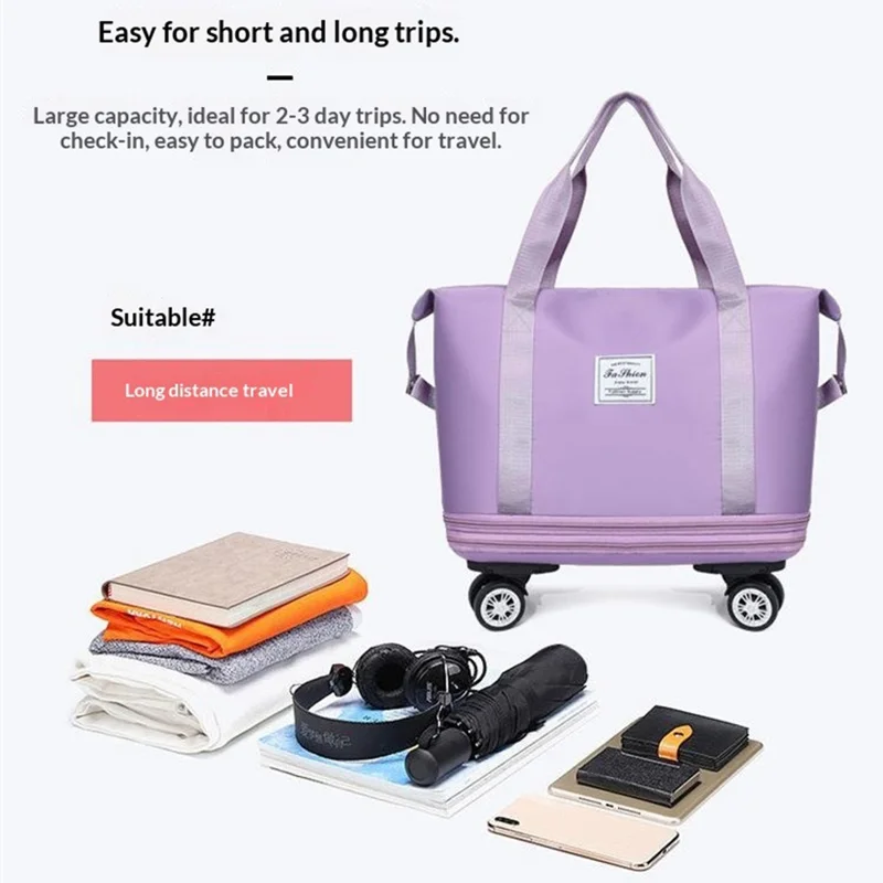 Rozbierane torba podróżna z kółkami, duża pojemność, bagaż z tkaniny oksford dla studentów / podróżujących w interesach / na treningi - jasny fiolet