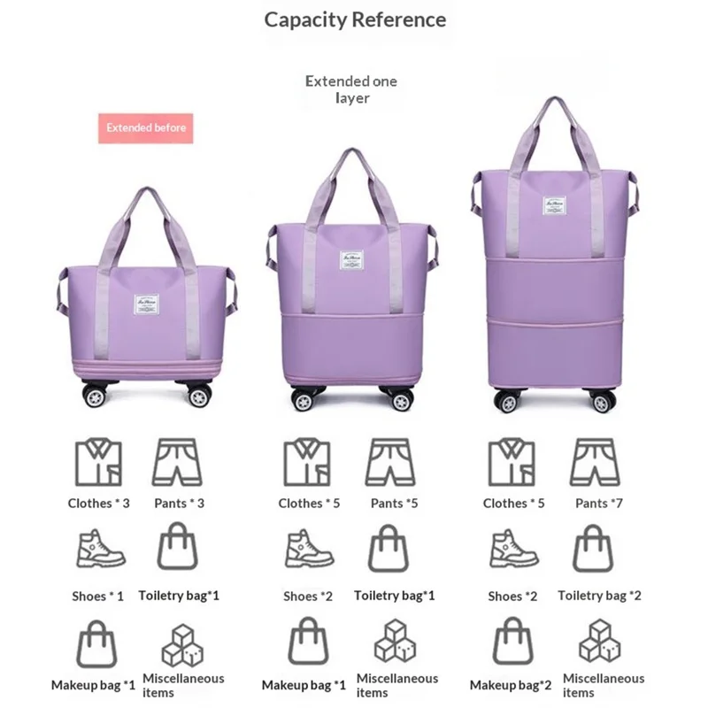 Rozbierane torba podróżna z kółkami, duża pojemność, bagaż z tkaniny oksford dla studentów / podróżujących w interesach / na treningi - jasny fiolet