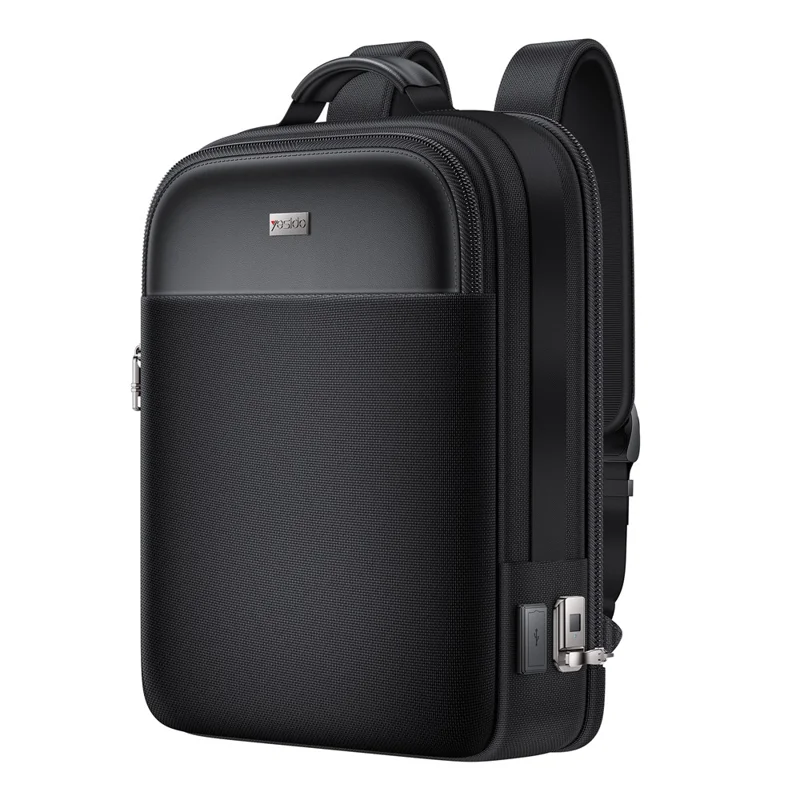 YESIDO WB65 Fingerprint Lock Business Backpack Large Capacity Oxford Fabric Daypacks with USB Charging Port - Black