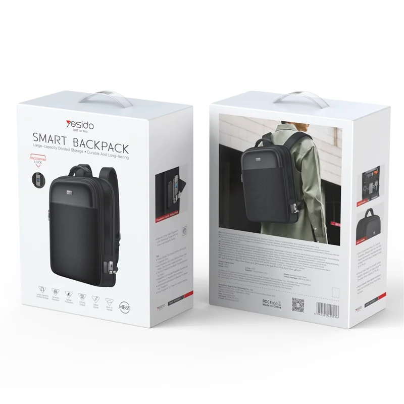 YESIDO WB65 Fingerprint Lock Business Backpack Large Capacity Oxford Fabric Daypacks with USB Charging Port - Black