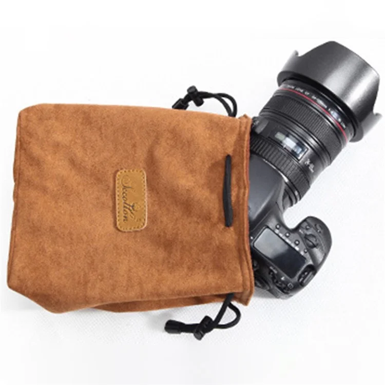 JCCOTTON FB-00001 For Canon Nikon Sony Wear-resistant Drawstring Bag Camera Lens Protection Sleeve Pouch, Size: M - Brown