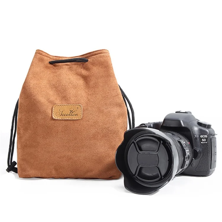 JCCOTTON FB-00001 Soft Liner Camera Bag for Canon Nikon DSLR Shockproof Drawstring Lens Carrying Bag, Square/Size L - Khaki