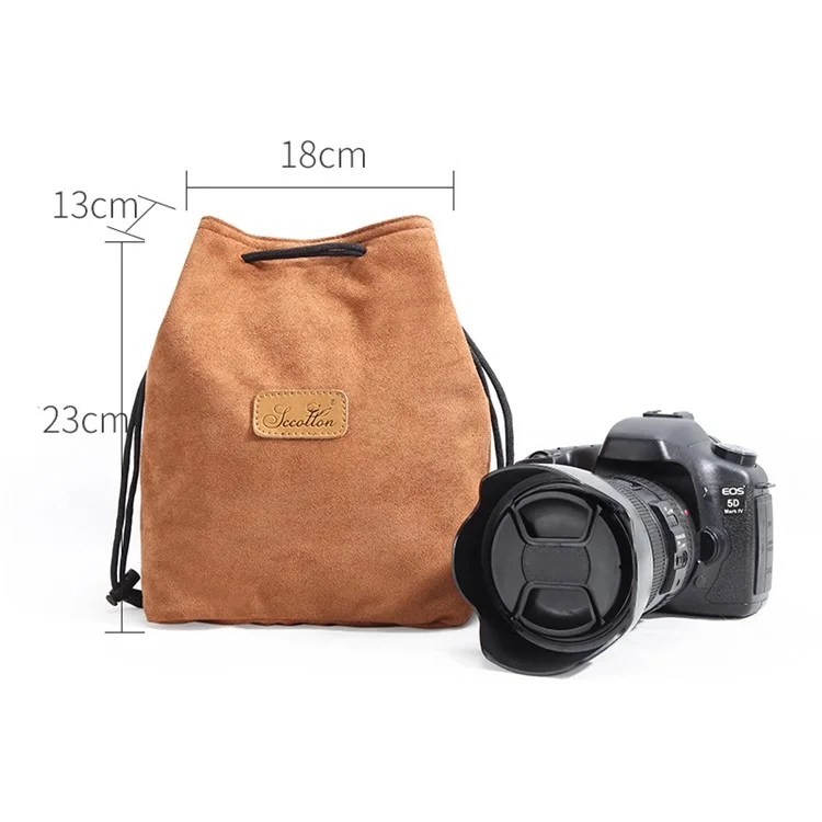 JCCOTTON FB-00001 Soft Liner Camera Bag for Canon Nikon DSLR Shockproof Drawstring Lens Carrying Bag, Square/Size L - Khaki