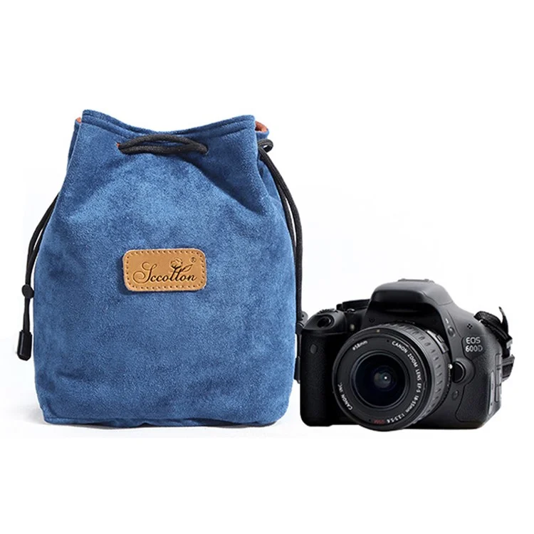 JCCOTTON FB-00001 Anti-scratch Drawstring Lens Carrying Bag for Canon Nikon DSLR Camera Storage Bag, Square/Size M - Blue