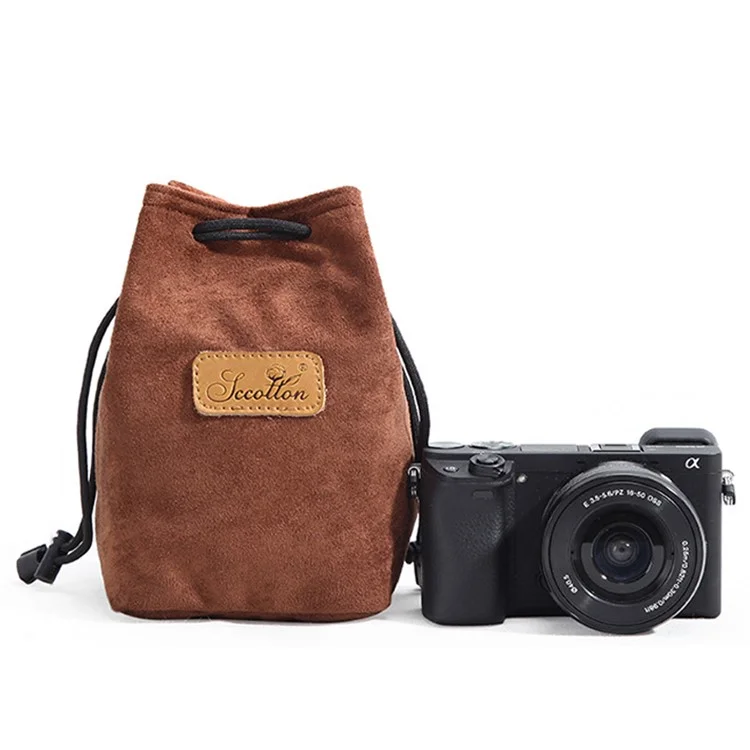 JCCOTTON FB-00001 for Canon Nikon DSLR Camera Bag  Shockproof Drawstring Lens Carrying Bag, Square/Size S - Brown