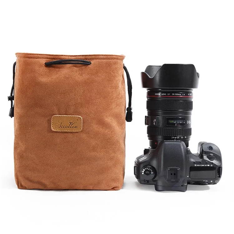 JCCOTTON FB-00001 for Canon Nikon DSLR Camera Bag  Shockproof Drawstring Lens Carrying Bag, Square/Size S - Brown