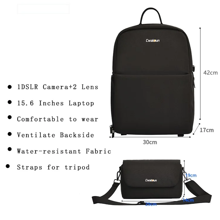 CWATCUN D75 SLR à Prova D'água / Bolsa de Ombro da Câmera DSLR Com Bolsa Pequena de 15,6 Polegadas Mochila, Tamanho L - Preto