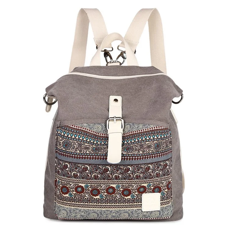 CANVASARTISAN T29-3 Ethnischer Stil Leinwand Rucksack Schultasche Reisetagesrucksack Schultasche - Hellgrau