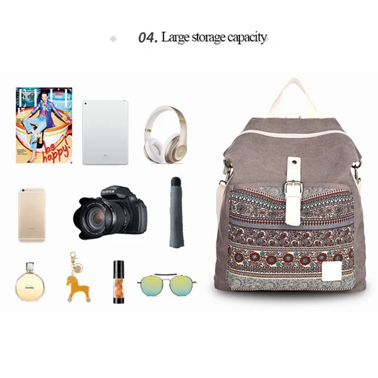 CANVASARTISAN T29-3 Ethnischer Stil Leinwand Rucksack Schultasche Reisetagesrucksack Schultasche - Hellgrau