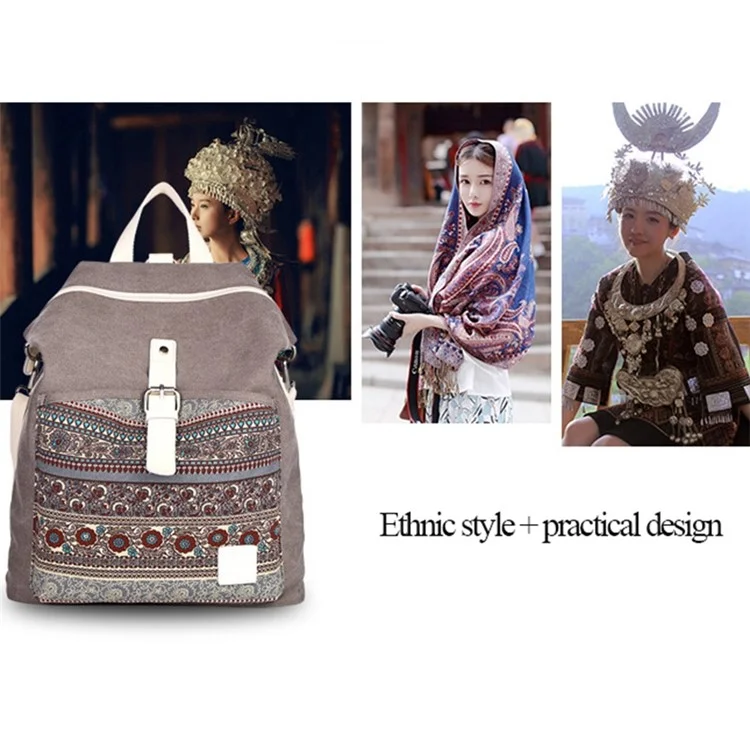 CANVASARTISAN T29-3 Ethnischer Stil Leinwand Rucksack Schultasche Reisetagesrucksack Schultasche - Hellgrau