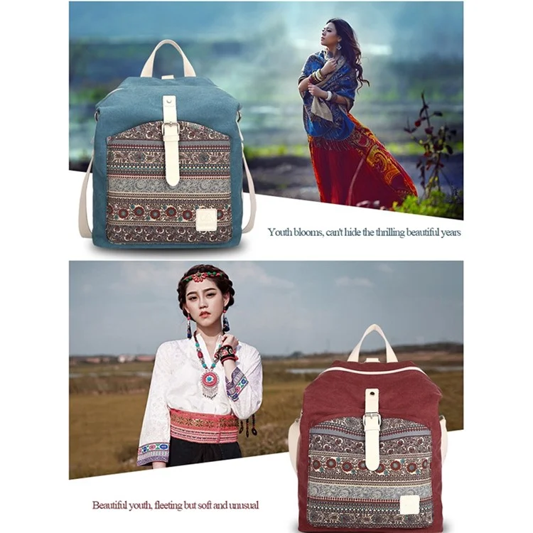 CANVASARTISAN T29-3 Ethnischer Stil Leinwand Rucksack Schultasche Reisetagesrucksack Schultasche - Hellgrau
