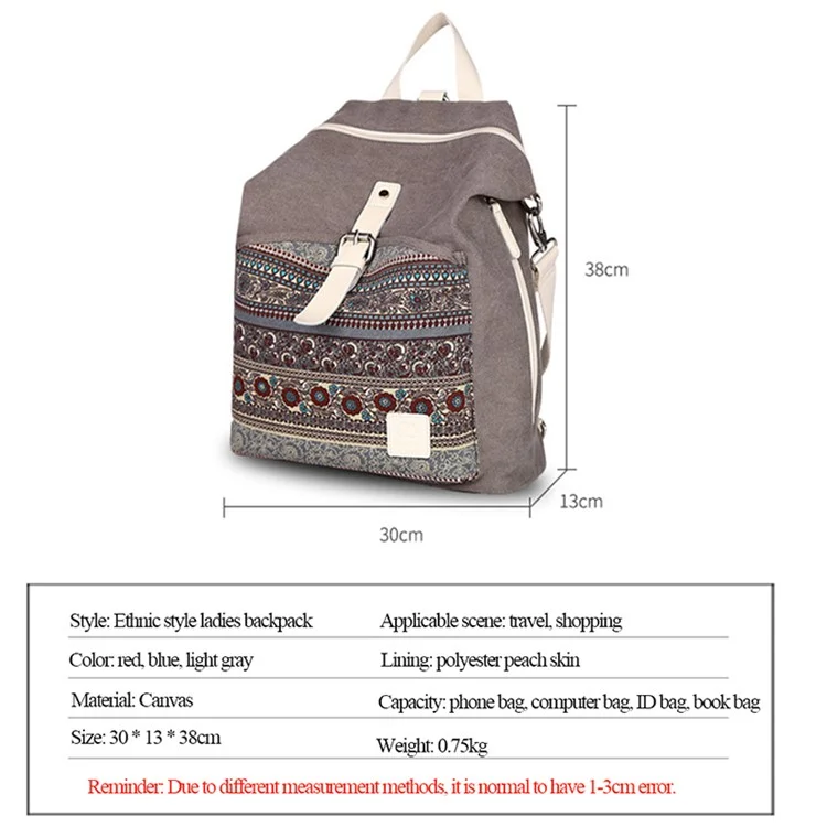 CANVASARTISAN T29-3 Ethnischer Stil Leinwand Rucksack Schultasche Reisetagesrucksack Schultasche - Hellgrau