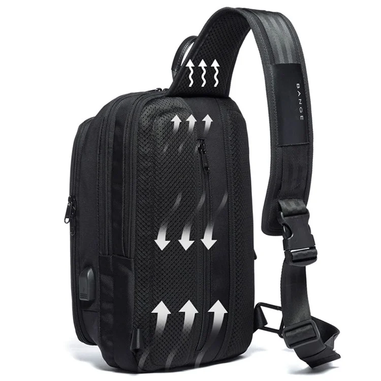 BANGE BG-7079 USB Charging Crossbody Bag with Anti-theft Pocket Oxford Cloth Chest Pack - Black