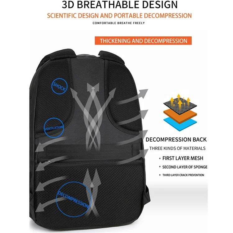 ML8018 Großer Business-Laptop-Rucksack Reise-Rucksack Tasche Wasser-abweisend Schultertasche mit externer USB-Ladestation
